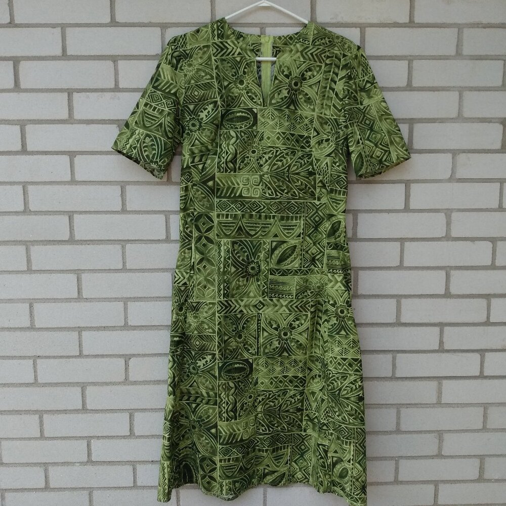 Handmade Cotton Hawaiian Tropical Green Dress 36"Bust Modest Mennonite